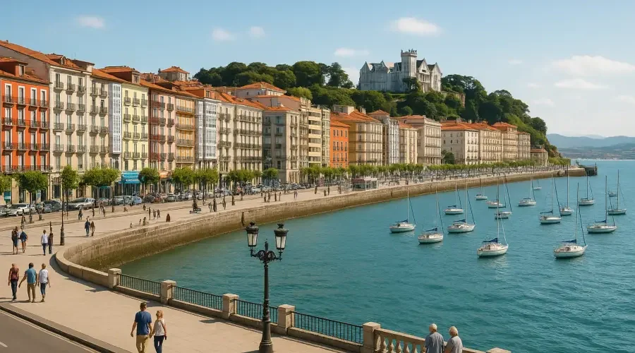 İspanya'nın kuzeyindeki Cantabria'daki Santander sahili, körfez ve şehir manzarası