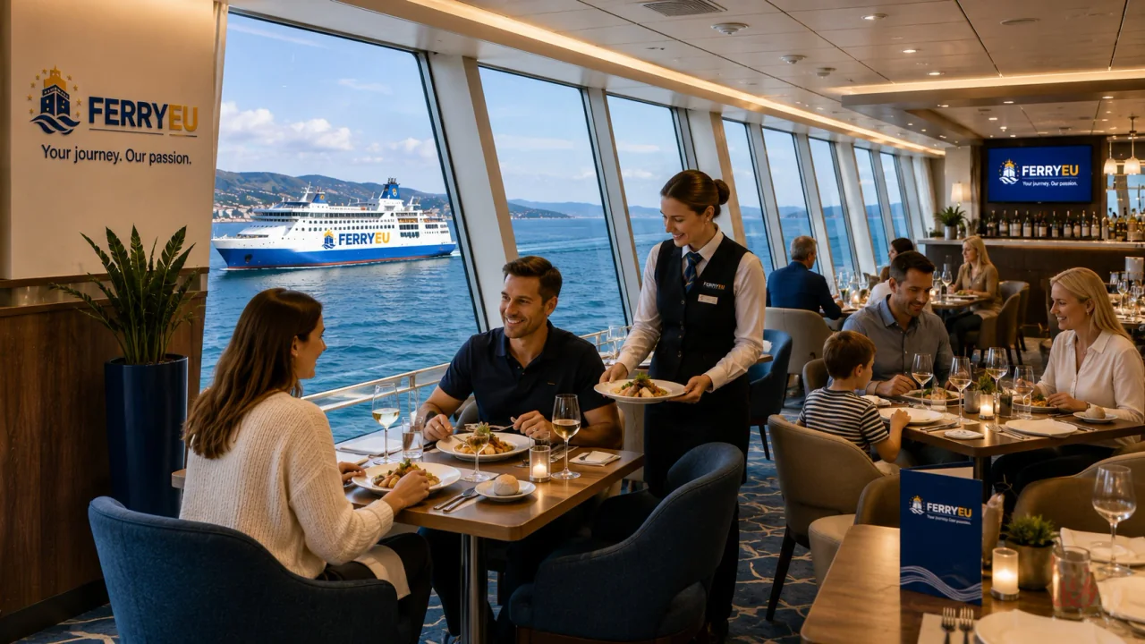 Pencereleri denize bakan feribot restoranı