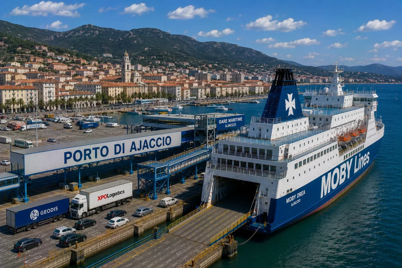 Ajaccio feribot limanı, kuy ve şehir suyunun arkasında yolcu feribotuyla
