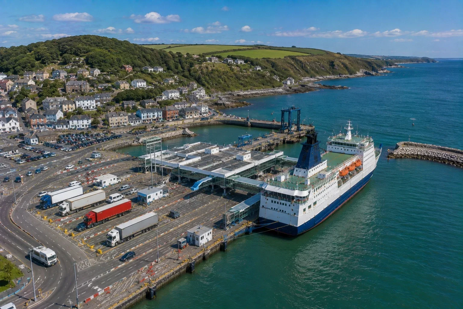 Pembrokeshire'daki Goodwick'teki Fishguard feribot limanının havadan görünümü
