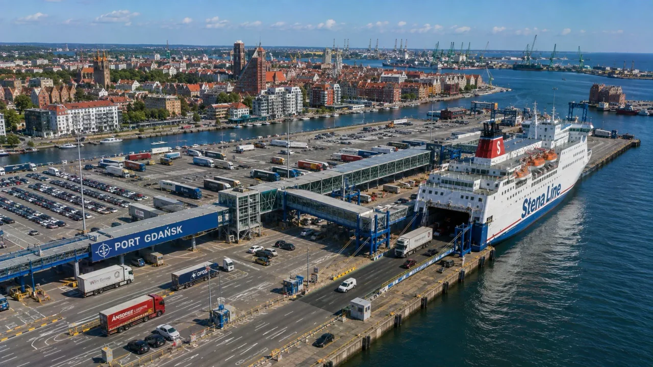 Polonya'daki Gdańsk feribot limanı ve Baltık kıyısı