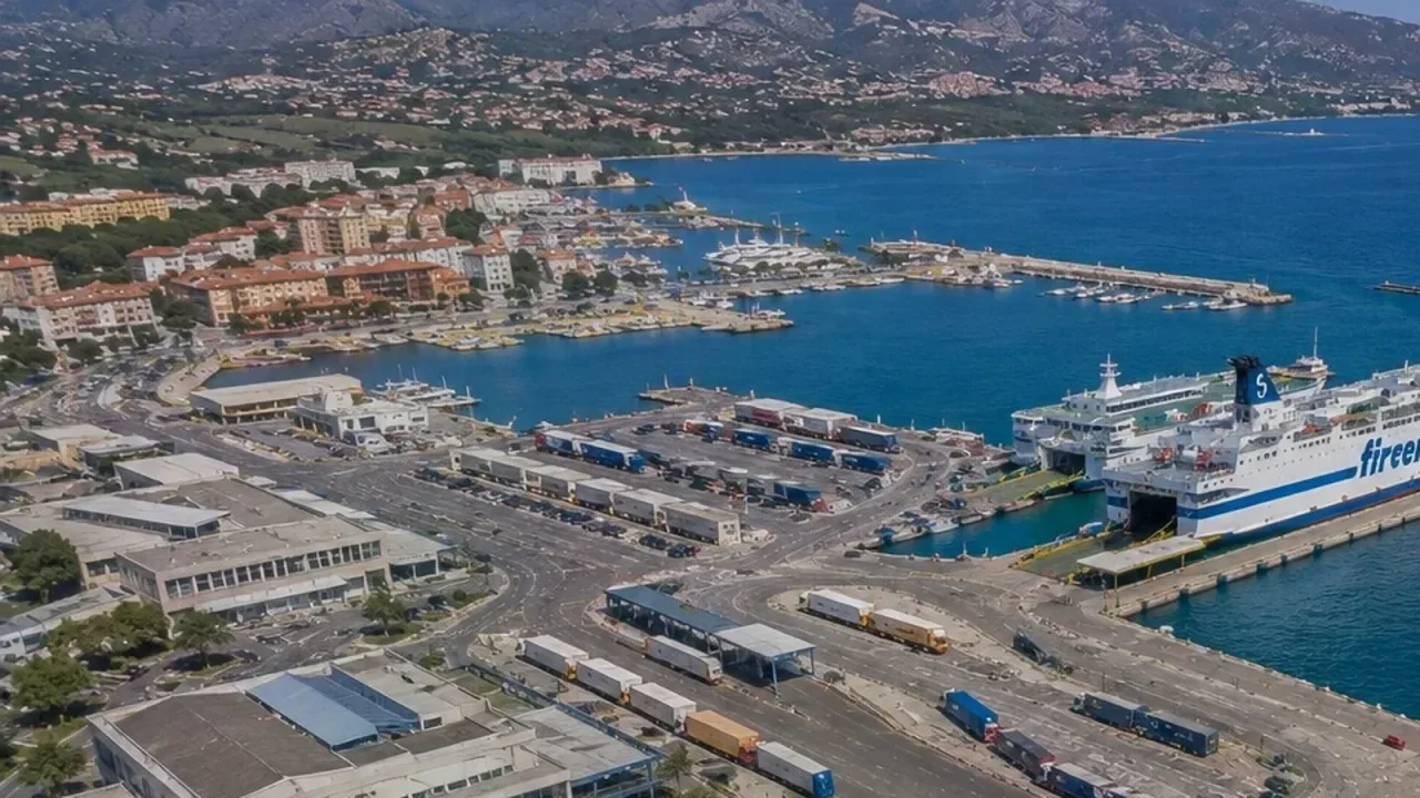 Tirrenia yolcu feribotunun bulunduğu Olbia feribot terminalinin havadan görünümü