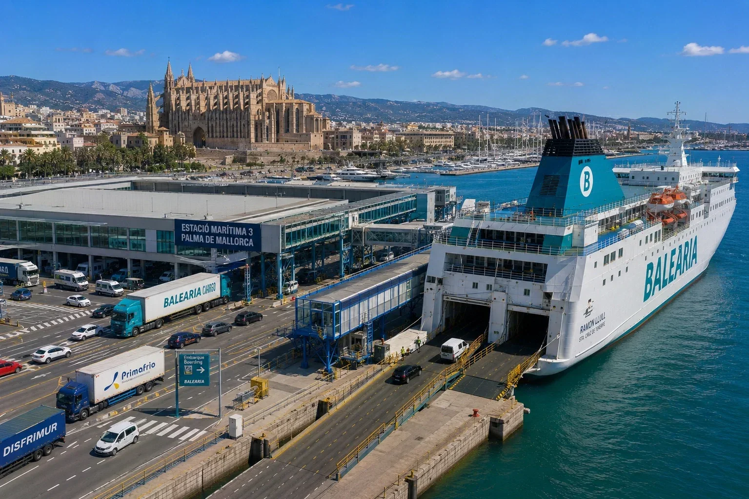 İskelede yolcu feribotu bulunan Palma de Mallorca feribot terminali